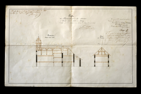 Projet de réparations à la maison d'école de la ville de Morez. Elévation de la maison d'école actuel [et] Coupe en travers, 1843. © Région Bourgogne-Franche-Comté, Inventaire du patrimoine