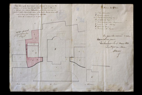 Plan descriptif d'un terrain à concéder par la commune de Morez à Mr Grenier, curé de cette ville, sur lequel ce dernier a fait bâtir une maison d'éducation pour les filles [...], 1843. © Région Bourgogne-Franche-Comté, Inventaire du patrimoine