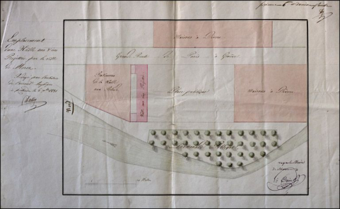 Emplacement d'une hâlle aux vins projettée par la ville de Morez. 6ème et dernière feuille, 1831. © Région Bourgogne-Franche-Comté, Inventaire du patrimoine Emplacement d'une hâlle aux vins projettée par la ville de Morez. 6ème et dernière feuille, 1831. © Région Bourgogne-Franche-Comté, Inventaire du patrimoine