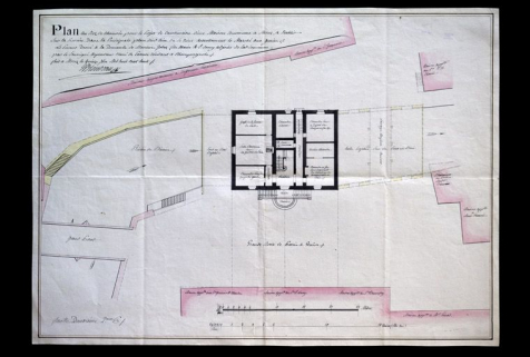 Plan au rez-de-chaussée pour le projet de construction d'une maison commune à Morez, à établir sur la rivière dans la principale place dud[it] lieu où se tient actuellement le marché aux grains, 1808. © Région Bourgogne-Franche-Comté, Inventaire du patrimoine