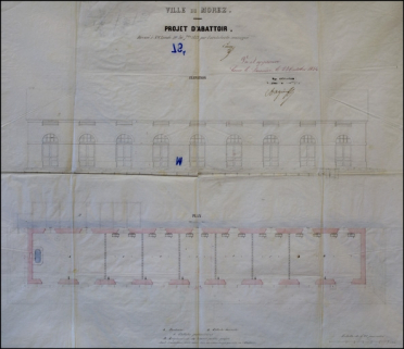 Ville de Morez. Projet d'abattoir. Plan [et] Elévation, 1852. © Région Bourgogne-Franche-Comté, Inventaire du patrimoine
