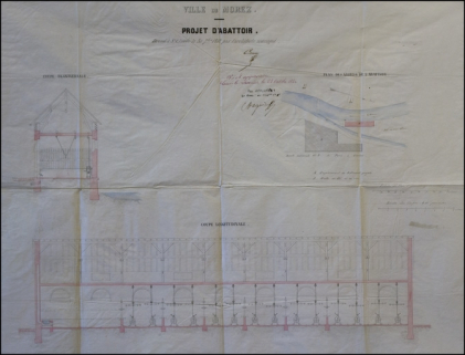 Ville de Morez. Projet d'abattoir. Coupe transversale, Coupe longitudinale [et] Plan des abords de l'abattoir, 1852. © Région Bourgogne-Franche-Comté, Inventaire du patrimoine