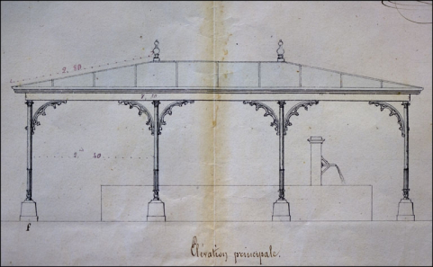 Projet d'une toiture pour un lavoir public (Quai de l'ancienne place). [Détail :] Elévation principale, 1850. © Région Bourgogne-Franche-Comté, Inventaire du patrimoine