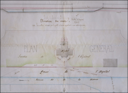 Projet d'un mur de clôture pour l'hôpital [plans, coupes et élévations], 1862. © Région Bourgogne-Franche-Comté, Inventaire du patrimoine