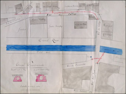 Construction de canaux longeant la rue du Collège et la rue Notre-Dame. Plan des lieux et coupe transversale des canaux [plan de localisation de l'école Saint-Joseph], 1893. © Région Bourgogne-Franche-Comté, Inventaire du patrimoine