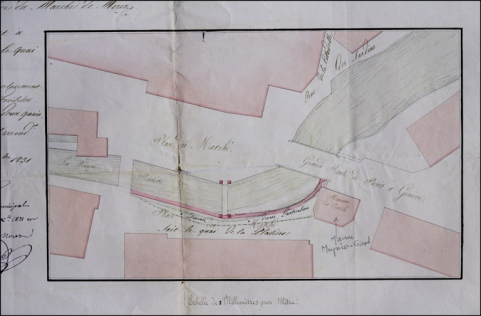 Plan de la Place du Marché de Morez et du mur de soutènement à construire pour aggrandir le quai de la Platière [place Lissac], 1831. © Région Bourgogne-Franche-Comté, Inventaire du patrimoine