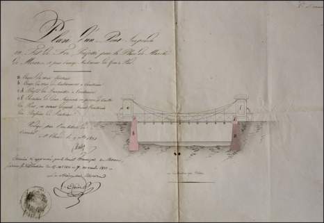 Plan [élévation] d'un pont suspendu en fil de fer, projetté pour la place du Marché de Morez et pour l'usage seulement des gens à pied [place Lissac], 1831. © Région Bourgogne-Franche-Comté, Inventaire du patrimoine