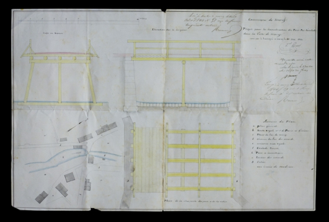 Projet pour la reconstruction du pont sur l'Evalude dans la ville de Morez, 1844. © Région Bourgogne-Franche-Comté, Inventaire du patrimoine Projet pour la reconstruction du pont sur l'Evalude dans la ville de Morez, 1844. © Région Bourgogne-Franche-Comté, Inventaire du patrimoine