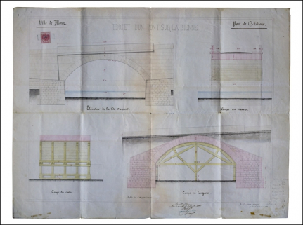 Projet d'un pont sur la Bienne. Pont de l'Affaitioux [élévation amont et coupes], 1866. © Région Bourgogne-Franche-Comté, Inventaire du patrimoine
