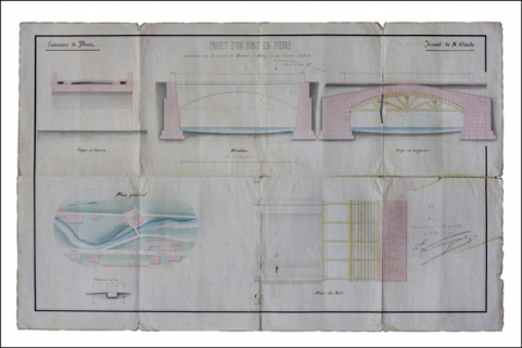 Projet d'un pont en pierre à construire sur la rivière de Bienne, à Morez, en face l'usine Cochet, 1856. © Région Bourgogne-Franche-Comté, Inventaire du patrimoine Projet d'un pont en pierre à construire sur la rivière de Bienne, à Morez, en face l'usine Cochet, 1856. © Région Bourgogne-Franche-Comté, Inventaire du patrimoine