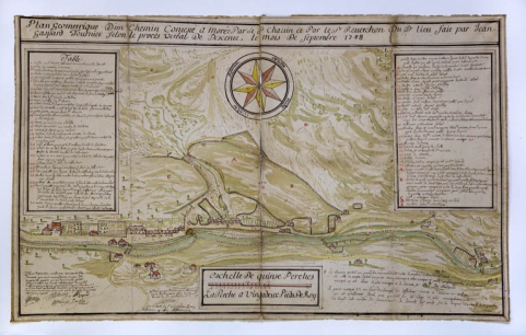 Plan géométrique d'un chemin contesté à Morez par le Sr Chavin et par le Sr Reverchon dud[it] lieu, fait par Jean Gaspard Fournier selon le procès-verbal de descente, le mois de septembre 1748. © Région Bourgogne-Franche-Comté, Inventaire du patrimoine