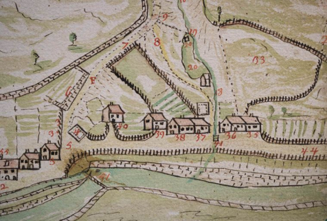 Plan géométrique d'un chemin contesté [... : détail des anciennes maisons du quai Aimé Lamy], 1748. © Région Bourgogne-Franche-Comté, Inventaire du patrimoine