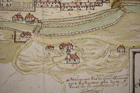 Plan géométrique d'un chemin contesté à Morez par le Sr Chavin et par le Sr Reverchon dud[it] lieu, fait par Jean Gaspard Fournier [... Détail], 1748. © Région Bourgogne-Franche-Comté, Inventaire du patrimoine