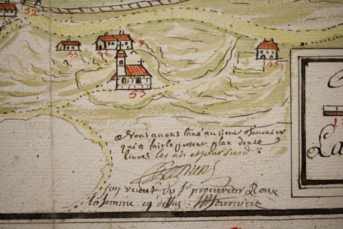 Plan géométrique d'un chemin contesté à Morez par le Sr Chavin et par le Sr Reverchon dud[it] lieu, fait par Jean Gaspard Fournier selon le procès-verbal de descente, le mois de septembre 1748 [détail]. © Région Bourgogne-Franche-Comté, Inventaire du patrimoine