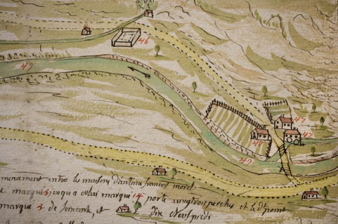 Plan géométrique d'un chemin contesté à Morez [détail : le quartier de la Crochère (rues Gagneur et de la République)], 1748. © Région Bourgogne-Franche-Comté, Inventaire du patrimoine