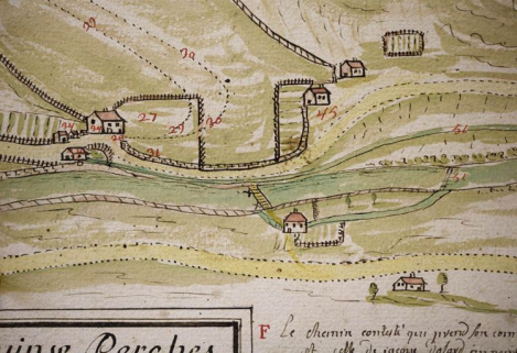 Plan géométrique d'un chemin contesté à Morez [détail : le quartier du Champ du Moine (quai Lamy, rues Gagneur, Poupin et de la République)], 1748. © Région Bourgogne-Franche-Comté, Inventaire du patrimoine