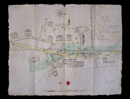 Plan [du moulin Chavin et du quartier de la place du Marché] fait par Pierre Augustin Roche de Morez, 1782. © Région Bourgogne-Franche-Comté, Inventaire du patrimoine
