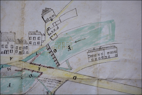 Plan [du moulin Chavin et du quartier de la place du Marché] fait par Pierre Augustin Roche de Morez [détail], 1782. © Région Bourgogne-Franche-Comté, Inventaire du patrimoine