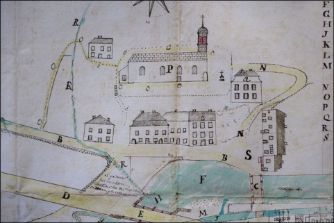 Plan [du moulin Chavin et du quartier de la place du Marché] fait par Pierre Augustin Roche de Morez [détail], 1782. © Région Bourgogne-Franche-Comté, Inventaire du patrimoine
