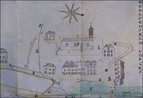 Plan [du moulin Chavin et du quartier de la place du Marché] fait par Pierre Augustin Roche de Morez [détail], 1782. © Région Bourgogne-Franche-Comté, Inventaire du patrimoine