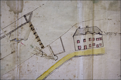 Plan d'un chemin qui conduit à l'Eglise de Morez contester par les Srs Couchet du maime lieur. Voyer au rentvoyr alephabétique [voyez au renvoi alphabétique]. A Morez 1777 [détail] © Région Bourgogne-Franche-Comté, Inventaire du patrimoine