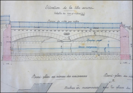 Reconstruction en maçonnerie du pont biais sur la Bienne au point 102 k 150. Plan, coupes, élévation et dessins de détail du pont projeté. Elévation de la tête amont, 1890. © Région Bourgogne-Franche-Comté, Inventaire du patrimoine