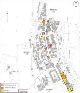 Plan de localisation des maisons et immeubles avec fenêtres lunetières ou fenêtres multiples : section AE. Extrait du plan cadastral, 1980, section AE, échelle 1:1000 réduite à 1:3000. © Région Bourgogne-Franche-Comté, Inventaire du patrimoine