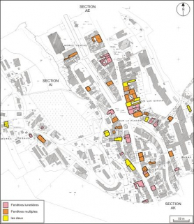 Plan de localisation des maisons et immeubles avec fenêtres lunetières ou fenêtres multiples : section AI. Extrait du plan cadastral, 1980, section AI, échelle 1:1000 réduite à 1:3100. © Région Bourgogne-Franche-Comté, Inventaire du patrimoine
