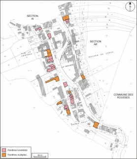 Plan de localisation des maisons et immeubles avec fenêtres lunetières ou fenêtres multiples : section AK. Extrait du plan cadastral, 1980, section AK, échelle 1:1000 réduite à 1:3000. © Région Bourgogne-Franche-Comté, Inventaire du patrimoine