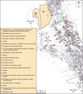 Plan de localisation des ateliers de fabrication et des usines : partie centrale. © Région Bourgogne-Franche-Comté, Inventaire du patrimoine Plan de localisation des ateliers de fabrication et des usines : partie centrale. © Région Bourgogne-Franche-Comté, Inventaire du patrimoine