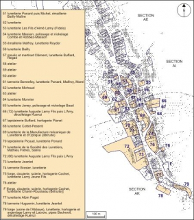 Plan de localisation des ateliers de fabrication et des usines : partie sud. © Région Bourgogne-Franche-Comté, Inventaire du patrimoine Plan de localisation des ateliers de fabrication et des usines : partie sud. © Région Bourgogne-Franche-Comté, Inventaire du patrimoine