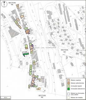 Plan de répartition typologique des maisons et des immeubles : section AD. Extrait du plan cadastral, 1980, section AD, échelle 1:1000 réduite à 1:2500. © Région Bourgogne-Franche-Comté, Inventaire du patrimoine