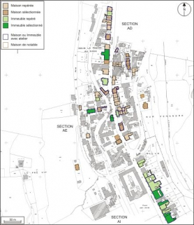 Plan de répartition typologique des maisons et des immeubles : section AE. Extrait du plan cadastral, 1980, section AE, échelle 1:1000 réduite à 1:3000. © Région Bourgogne-Franche-Comté, Inventaire du patrimoine