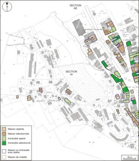 Plan de répartition typologique des maisons et des immeubles : section AI, partie ouest. Extrait du plan cadastral, 1980, section AI, échelle 1:1000 réduite à 1:3000. © Région Bourgogne-Franche-Comté, Inventaire du patrimoine