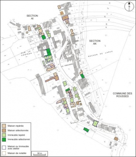 Plan de répartition typologique des maisons et des immeubles : section AK. Extrait du plan cadastral, 1980, section AK, échelle 1:1000 réduite à 1:3000. © Région Bourgogne-Franche-Comté, Inventaire du patrimoine