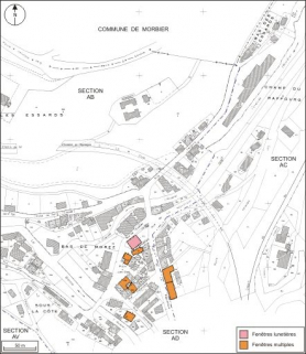 Plan de localisation des maisons et immeubles avec fenêtres lunetières ou fenêtres multiples : sections AB et AC. Montage de feuilles cadastrales, 1980, sections AB et AC, échelle 1:1000 réduite à 1:2500. © Région Bourgogne-Franche-Comté, Inventaire du patrimoine