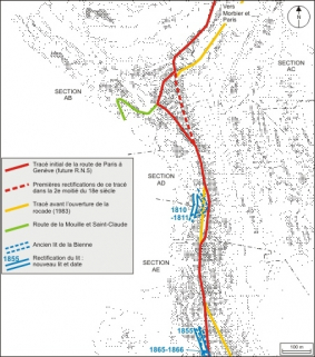 Plan des rectifications du tracé de la route de Paris à Genève et du cours de la Bienne : partie nord. © Région Bourgogne-Franche-Comté, Inventaire du patrimoine Plan des rectifications du tracé de la route de Paris à Genève et du cours de la Bienne : partie nord. © Région Bourgogne-Franche-Comté, Inventaire du patrimoine