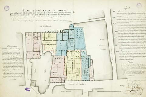 "Plan géométrique et figuré des différents bâtiments composant le ci-devant palais archiépiscopal de Besançon, ensemble les anciens cloîtres et bâtiments de l'officialité". © Région Bourgogne-Franche-Comté, Inventaire du Patrimoine