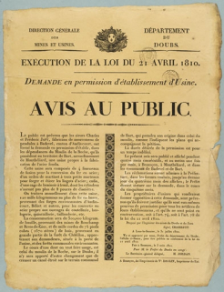 Demande de Charles et Frédéric Japy, fabricants de mouvements de pendules à Badevel, d'établir une usine d'acier fondu au moulin de la Roche de Bart [...]. © Région Bourgogne-Franche-Comté, Inventaire du patrimoine