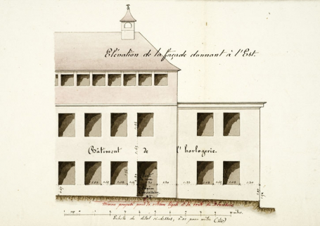 Règlement d'eau de l'usine du sieur Louis Japy située dans le hameau de Berne [Elévation de la façade donnant à l'est]. © Région Bourgogne-Franche-Comté, Inventaire du patrimoine