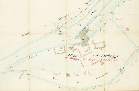 Règlement d'eau de l'usine que la Cie des Forges d'Audincourt et dépendances possède sur la rivière du Doubs [...]. Plan des lieux [plan de détail]. © Région Bourgogne-Franche-Comté, Inventaire du patrimoine