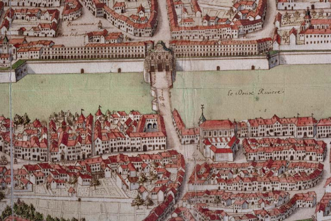 "Veuë de Besançon" : détail du quai Vauban, de l'arc de triomphe. © Région Bourgogne-Franche-Comté, Inventaire du Patrimoine "Veuë de Besançon" : détail du quai Vauban, de l'arc de triomphe. © Région Bourgogne-Franche-Comté, Inventaire du Patrimoine