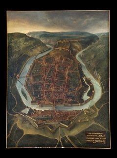 Tableau intitulé "Veue de Besançon dessinée en relief levé par les ordres du roy en l'an 1691" : vue d'ensemble. © Région Bourgogne-Franche-Comté, Inventaire du Patrimoine