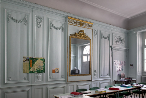 Intérieur, salon : détail des lambris du mur opposé à la cheminée. © Région Bourgogne-Franche-Comté, Inventaire du Patrimoine