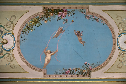 Logis principal, appartement du premier étage, grande pièce sur rue : détail du décor de la partie centrale du plafond. © Région Bourgogne-Franche-Comté, Inventaire du Patrimoine