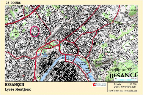 Carte de localisation du lycée Montjoux de Besançon. Carte topographique, IGN, 2012, dalle 0870-2260-L2E, échelle 1:25 000. © Région Bourgogne-Franche-Comté, Inventaire du patrimoine