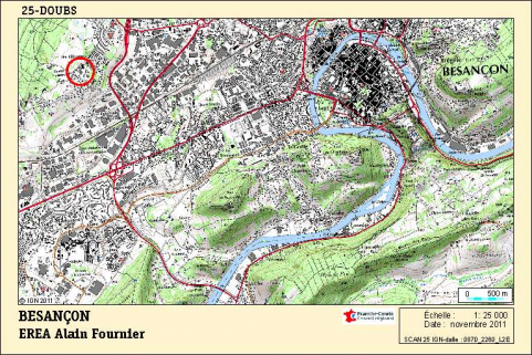 Carte de localisation. Carte topographique, IGN, 2011, dalle 0870-2260-L2E, échelle 1:25 000. © Région Bourgogne-Franche-Comté, Inventaire du patrimoine