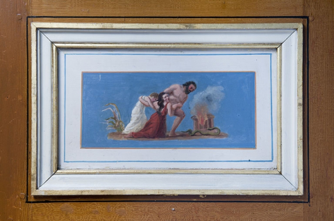 Logis principal, intérieur, salon, détail d'une scène peinte : le sacrifice d'une femme. © Région Bourgogne-Franche-Comté, Inventaire du Patrimoine