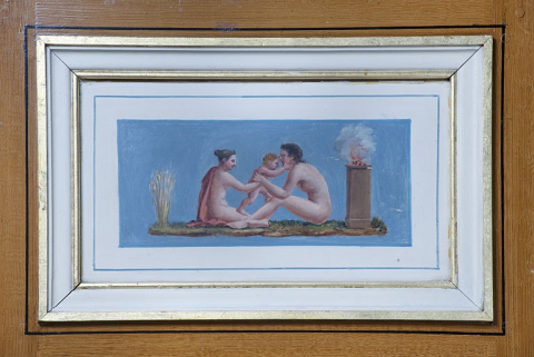 Logis principal, intérieur, salon : détail d'une scène peinte avec un couple et un enfant. © Région Bourgogne-Franche-Comté, Inventaire du Patrimoine