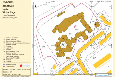 Plan-masse et de situation. Extrait du plan cadastral numérisé, sections EK, échelle 1:1500. © Région Bourgogne-Franche-Comté, Inventaire du patrimoine